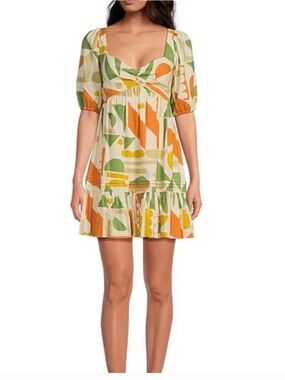 Giana Bini Geometric Print Puff-Sleeve Mini Dress in Cream, Orange & Green